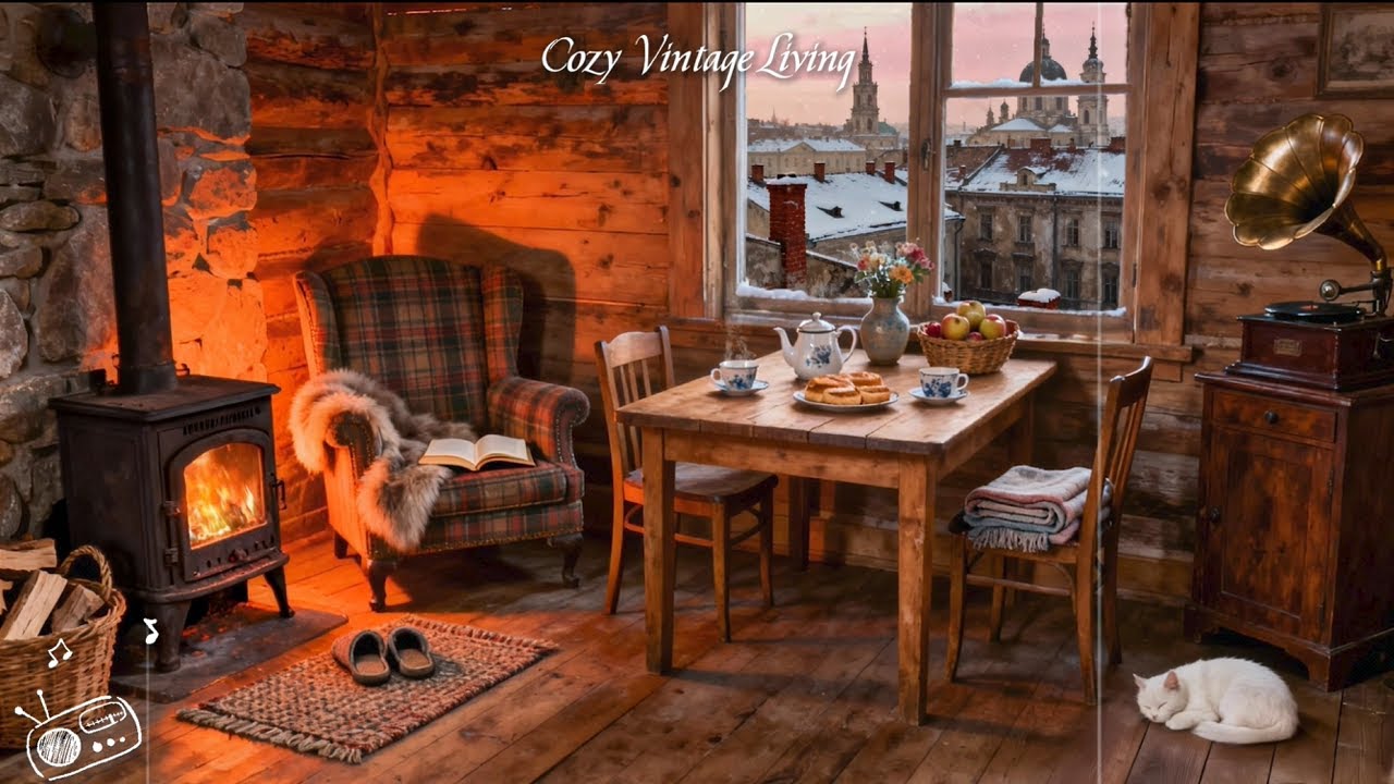 Cozy Vintage Living | Snowy Cabin Fireplace with Classic Jazz Oldies