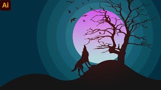 How to make Night landscape with Wolf, Moon and Tree in Illustrator | Arts | Qaisar Mustafa