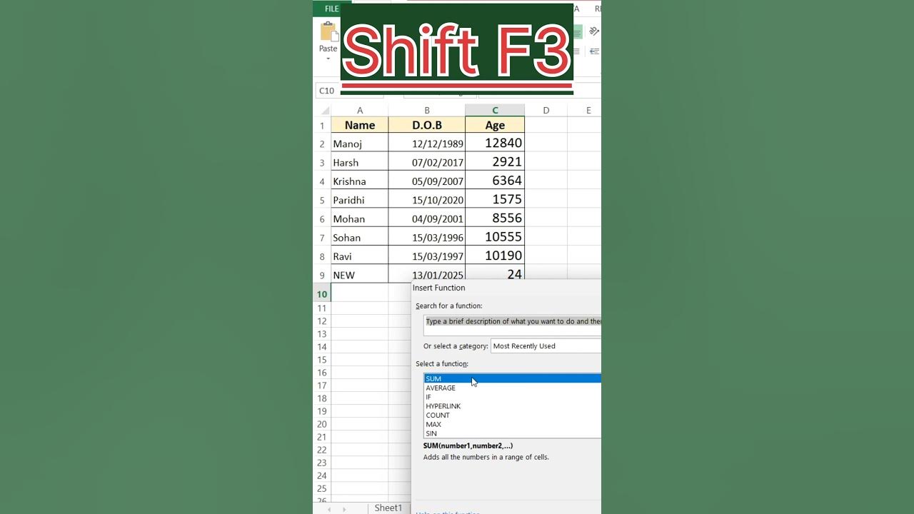 Insert function in excel using keyboard shortcut quick excel tip 