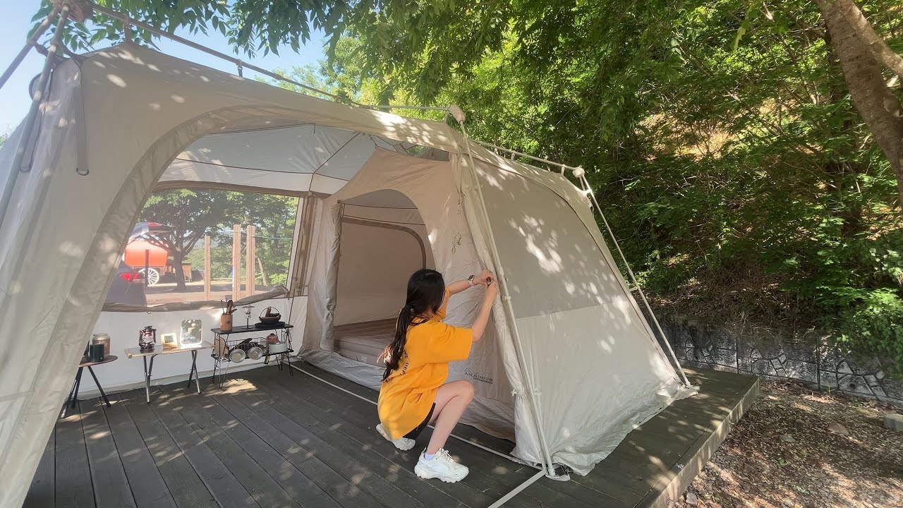 햇빛 좋은 날에 캠핑🌞! 비오는 날과는 또 다른 느낌! / 직접 말은 대패삼겹말이에 내가 끓인 된장찌개!  / 아이두젠 원터치텐트 / 캠핑브이로그