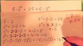 Use PEMDAS to simplify: 8x2^4 + 25/5 - 3^2