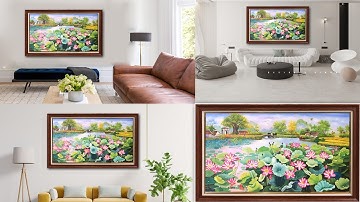 Tranh vẽ sơn dầu hoa sen đẹp treo tường phòng khách, phòng làm việc- Tranh treo tường đẹp Amia
