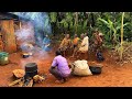 Cooking African Village food for lunch/Ebitooke and whole goat meat/African Village life