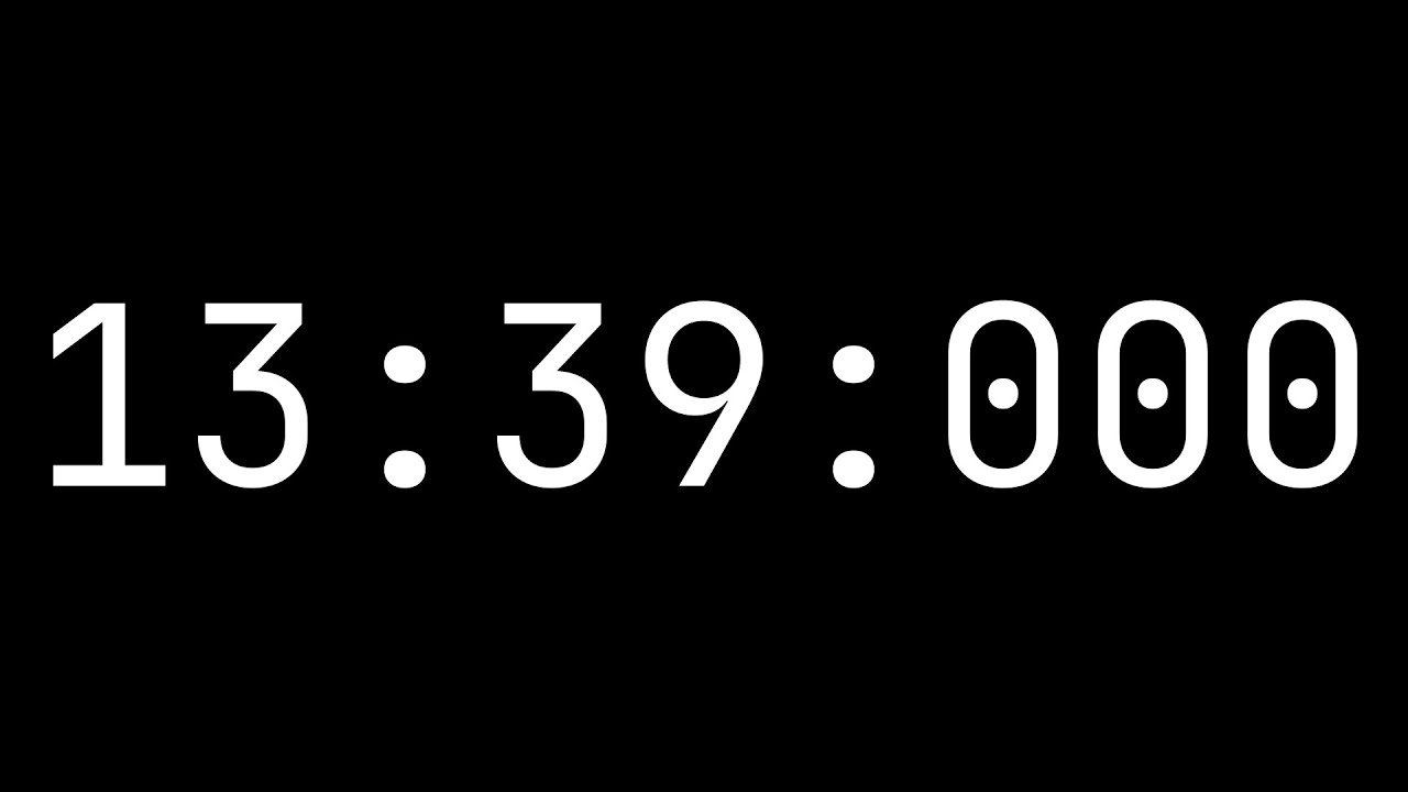 Countdown timer 13 minutes, 39 seconds [13:39:000] - White on black with milliseconds