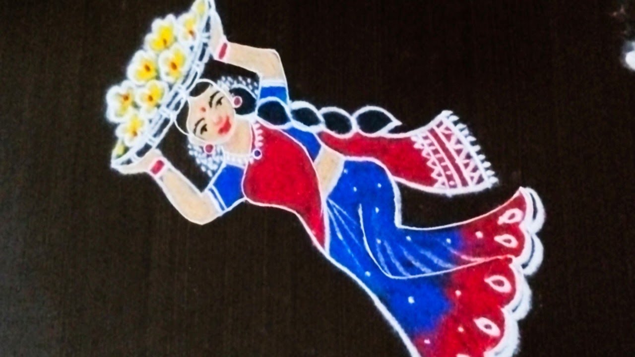 Traditional girl rangoli design for women's day 2026/creative rangoli kolam withdot@nschannelrangoli