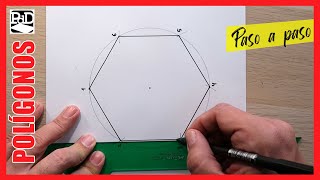 Hexagon inscribed in a circle. Step-by-step technical drawing on paper.