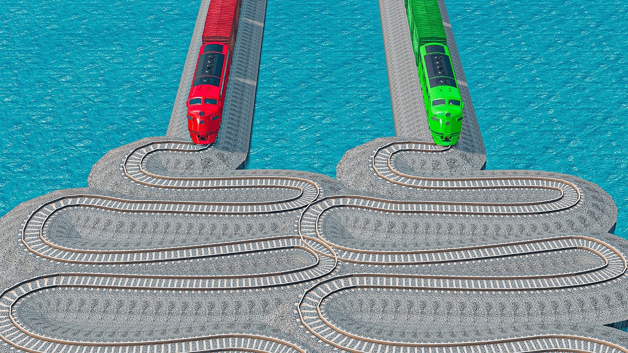 Strange Rails Double Colorful Trains Vs Snaky Wavy Impossible Weird Rails Tracks ...