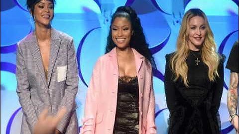 Nicki Minaj, Madonna, Deadmau5, and Kanye West onstage at the Tidal launch event