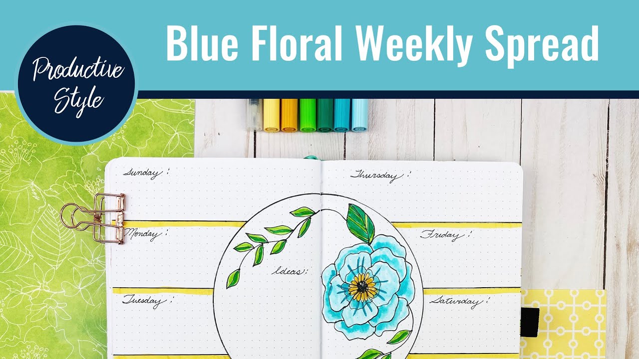 Blue Floral Weekly Bullet Journal Spread | Plan with Me | June Floral Bujo Theme