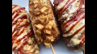 Korean Street Food:  Gooey Fried Cheese Corn Dogs  AMAZING, EASY recipe  (Gamja-Hotdog)