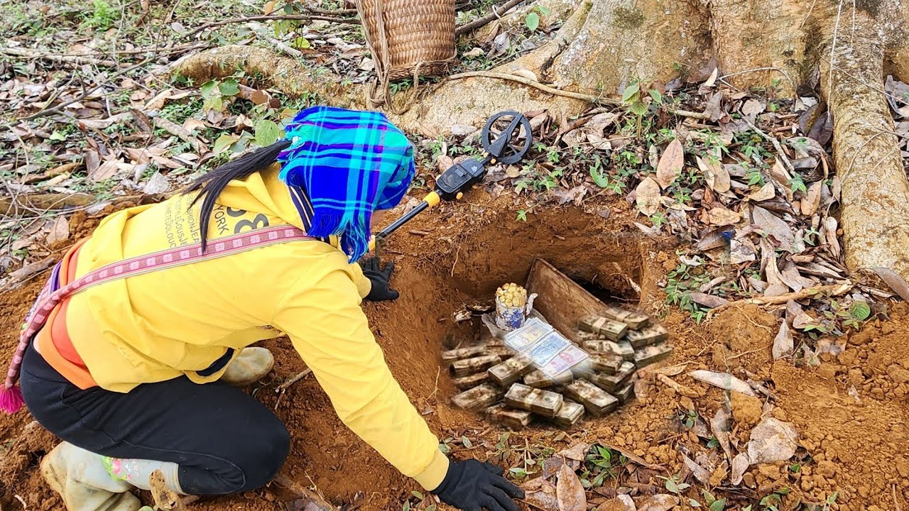 A large sum of money, buried for many years, was discovered using a metal detector.