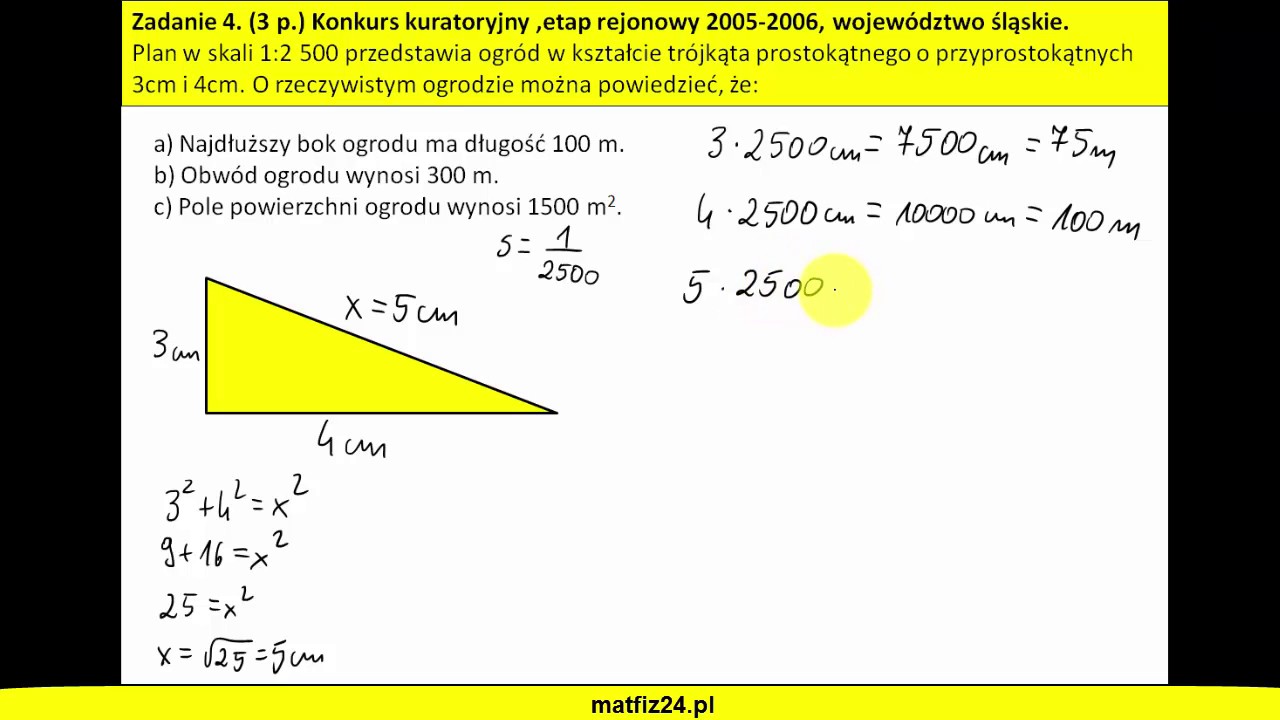 Trójkąt prostokątny w skali 1:2500 - Twierdzenie Pitagorasa, skala