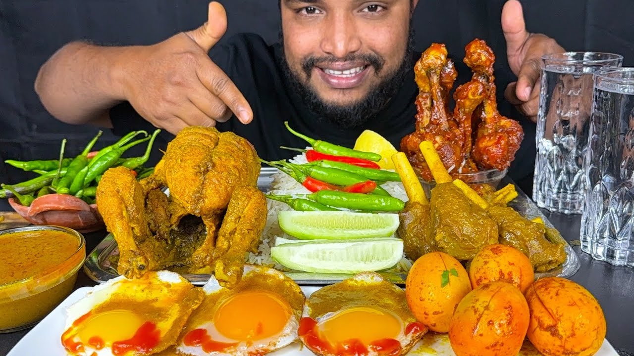 EATING WHOLE CHICKEN CURRY,  SPICY MUTTON CURRY, EGG CURRY, CHICKEN LOLIPOP, CHILLI EATING