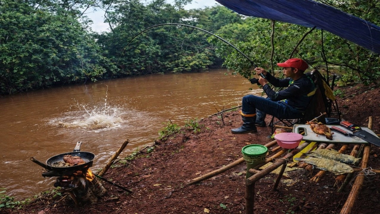 PESCARIA E PEIXE FRITO NA BEIRA DO RIO só peixe gigante