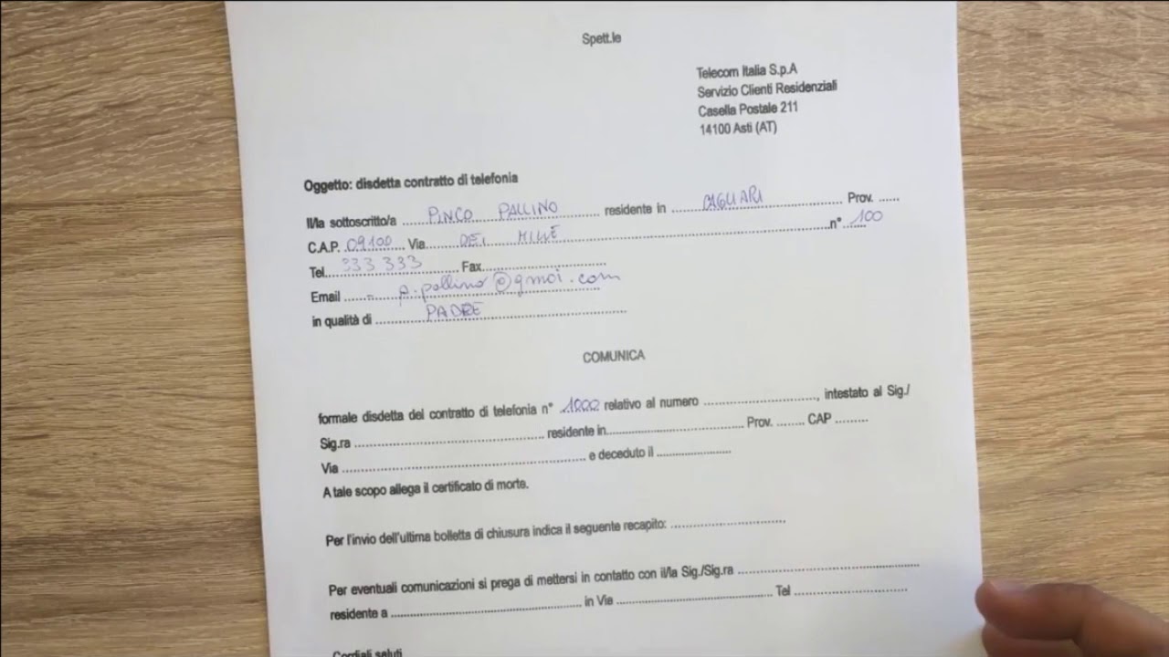 MODULO DISDETTA TELECOM PER DECESSO SCARICARE