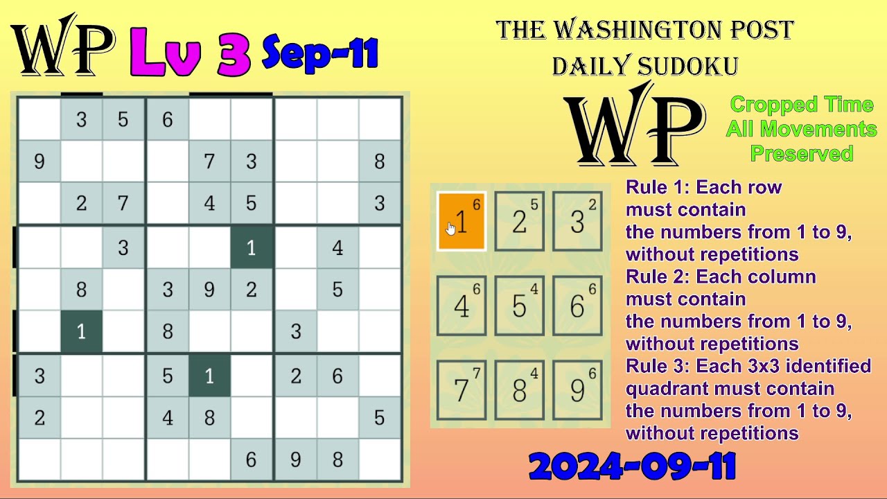 The Washington Post Daily Sudoku 2024-09-11 Level 3 - YouTube