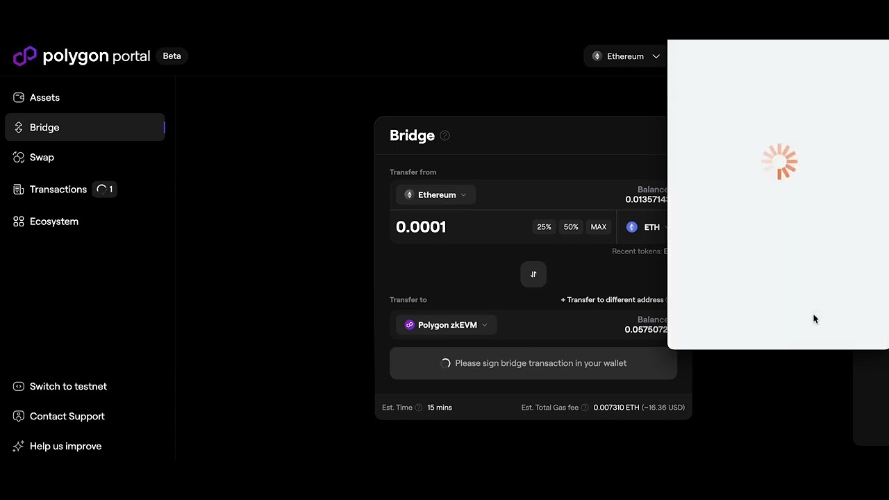 Bridging of funds from Ethereum Mainnet to Polygon zkEVM via Polygon ...