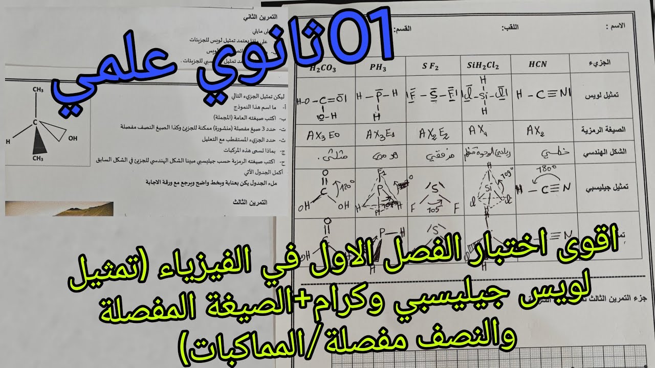 اقوى اختبار الفصل الاول في الفيزياء للسنة الاولى ثانوي علمي حول تمثيلات لويس-جيليسبي-كرام/المماكبات