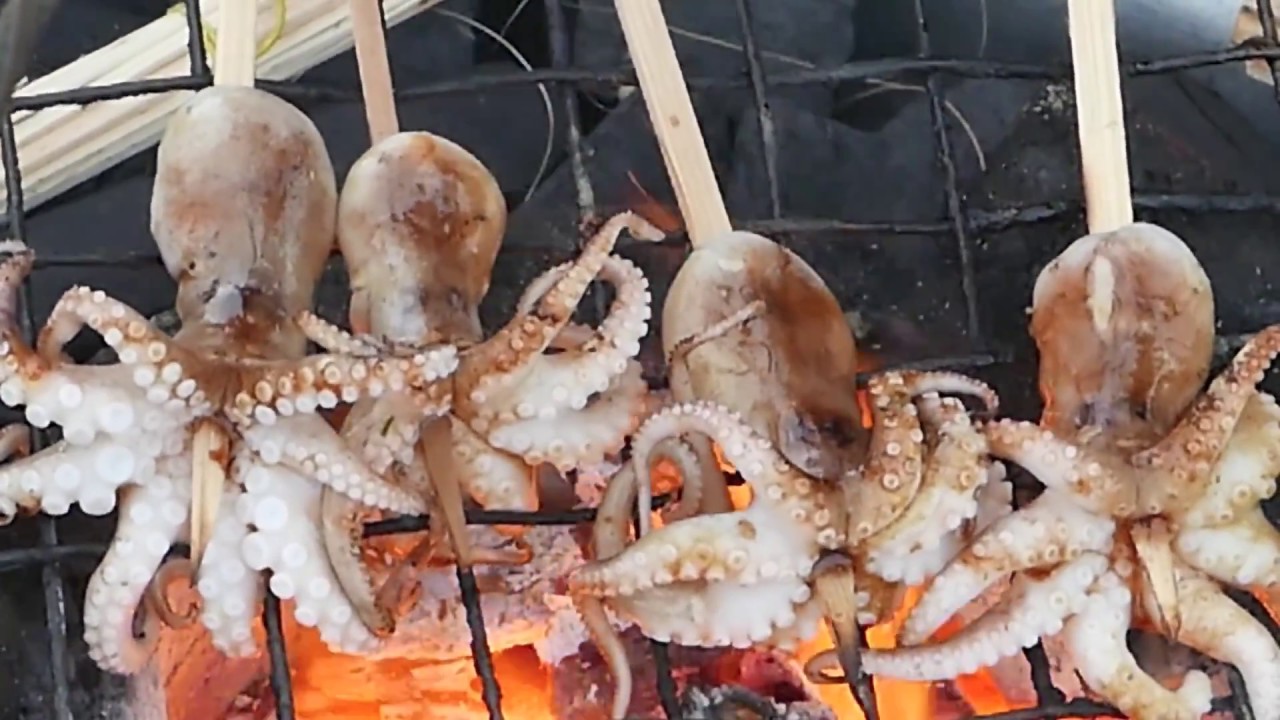 Cambodia Street Food BABY OCTOPUS and SQUID BBQ Sihanoukville clip