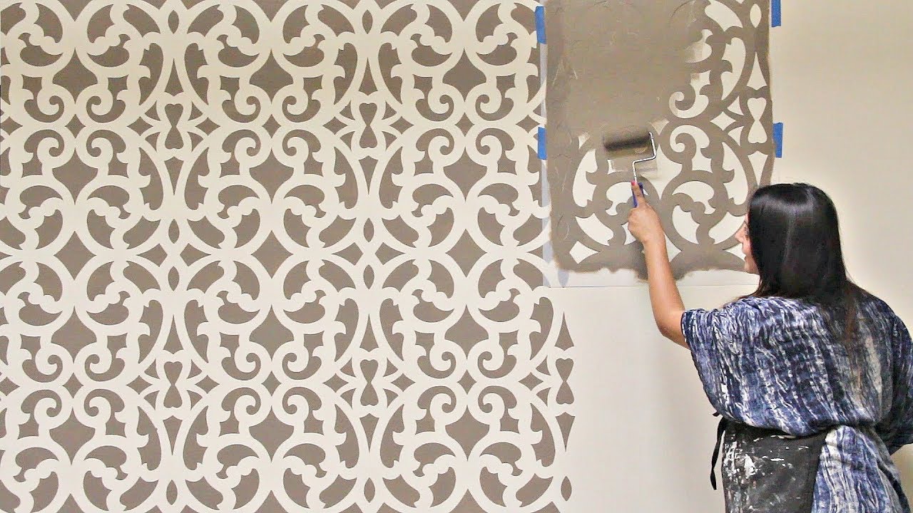 How to Stencil an Accent Wall in Only 1 Hour! Painting a Wallpaper Pattern  with Wall Stencils 