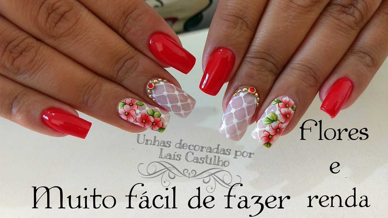 Unhas decoradas muito fácil flores e rendas Laís Castilho