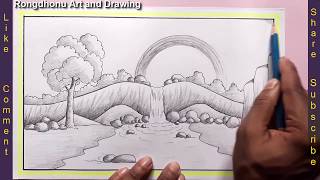 How to Draw Scenery | Drawing Waterfall Scenery Step by Step | Pencil Drawing