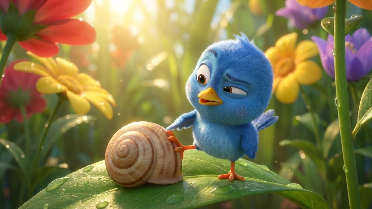 A Curious Little Blue Bird and His Unexpected Encounter with a Snail in the Garden