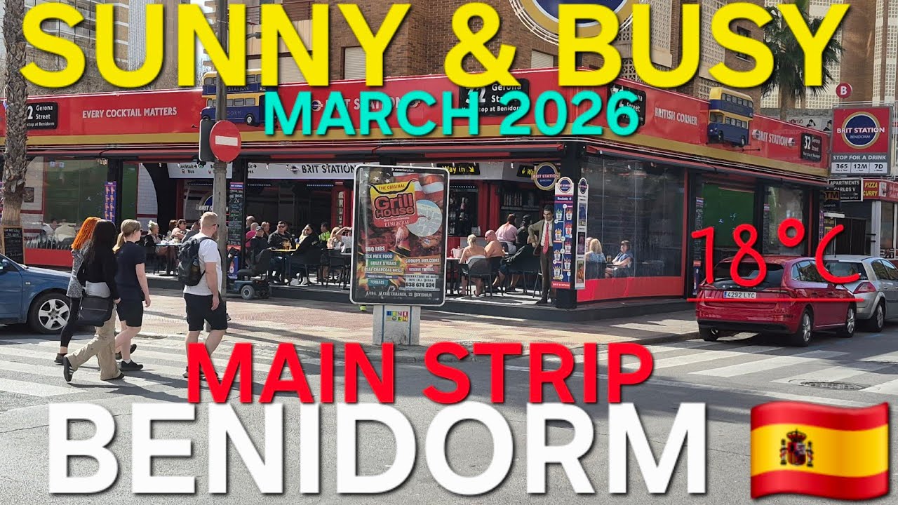 Benidorm- PACKED & SUNNY DAY, Main Strip🚶‍♂️March 2026 | 4k-HDR Walking Tour #Spain ##costablanca 