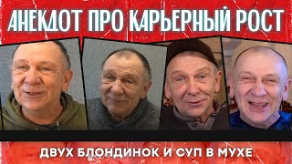 Анекдот про карьерный рост, двух блондинок и суп в мухе