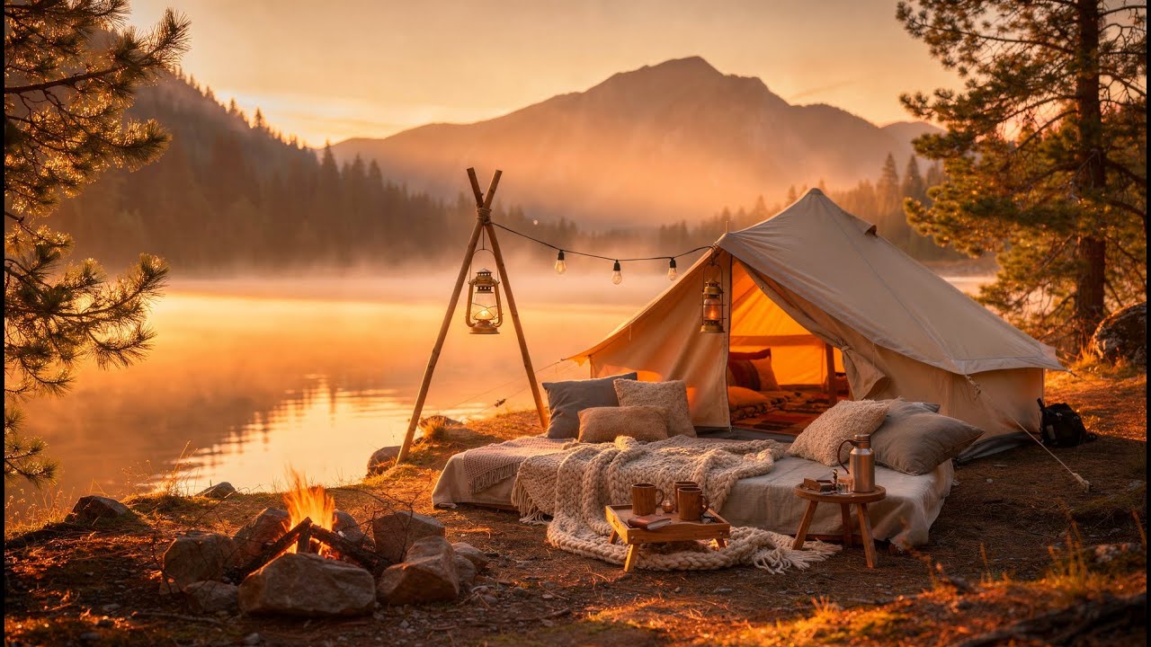 Cozy Campfire Sunrise 🔥 Calm Nature & Ambient Music | 1 Hour