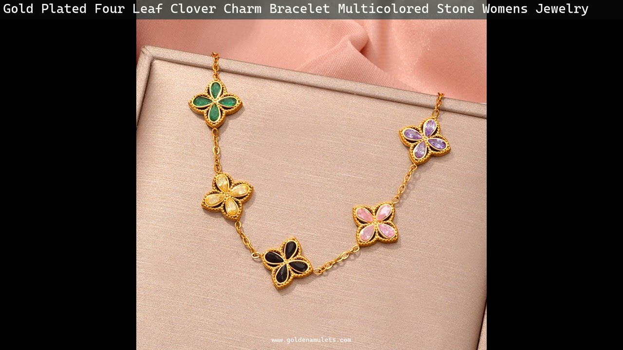 Gold Plated Four Leaf Clover Charm Bracelet Multicolored Stone Womens Jewelry