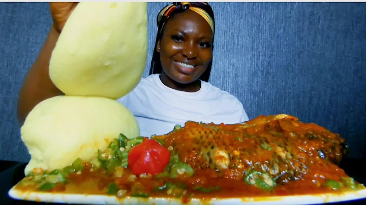 Nigerian food mukbang okra stew with fish and plantain fufu