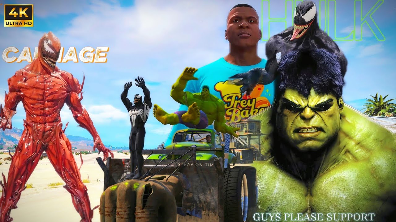 FRANKLIN - HULK - VENOM + Hulk Monster truck (TEAM) VS CARNAGE + Clones TEAM GTA V ( 4K HDR )