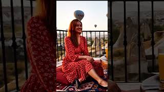 Breakfast on a rooftop in Cappadocia at sunrise, Turkey. Hot air balloon on background #Shorts