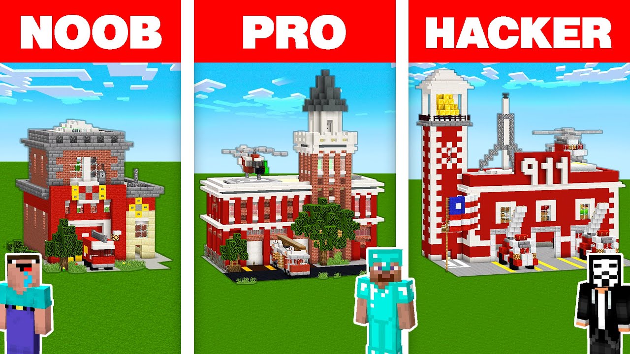 Minecraft NOOB vs PRO vs HACKER: EMERGENCY FIRE STATION BASE BUILD CHALLENGE in Minecraft Animation