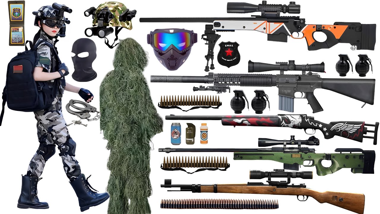 Special Forces Military Toy Gun Set Open Box, M24, M-200, 98K, AWM,AMR Sniper Rifle,Hunting Gun,Bomb