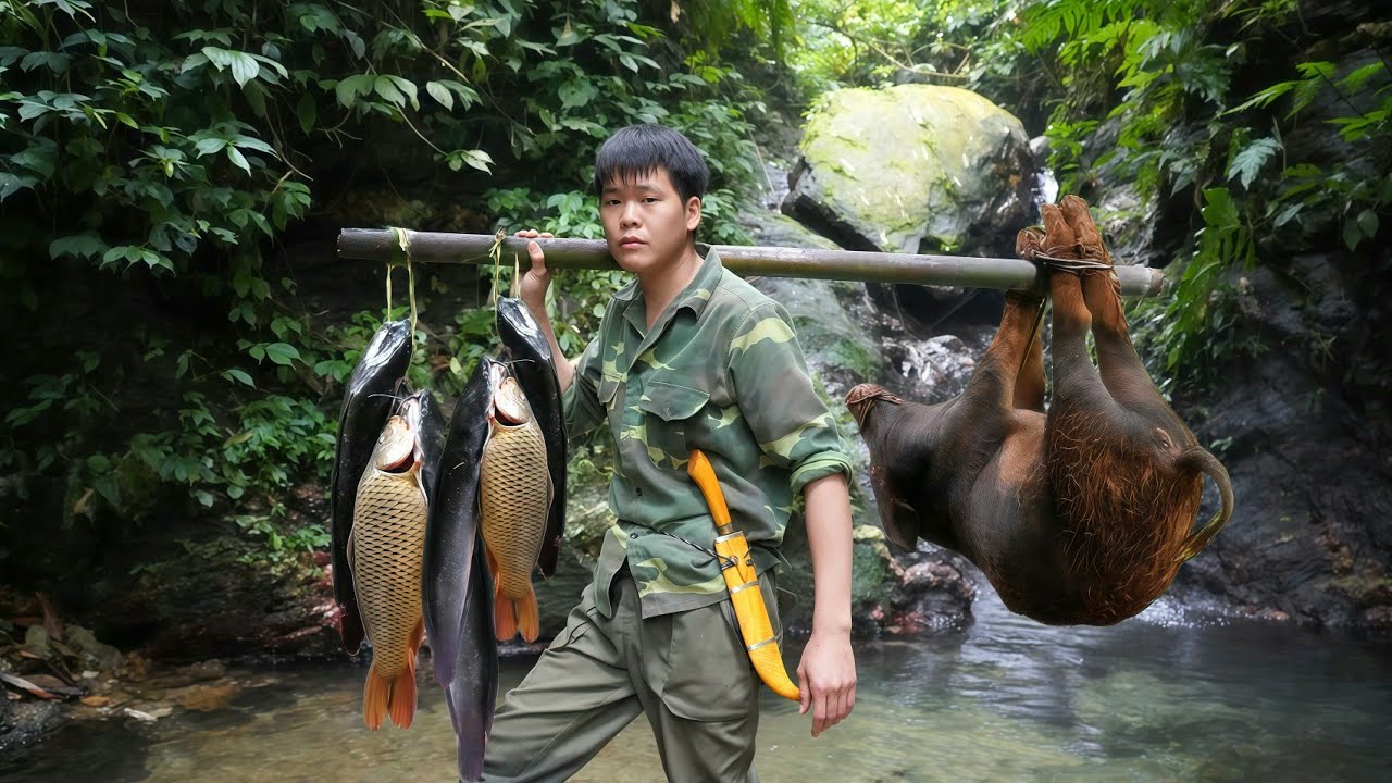 Life in the wilderness, primitive wild boar trapping skills, catch stream fish, survival skills 2