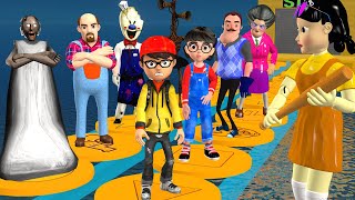 Scary Teacher 3D vs Squid Game Jump Up Honeycomb Candy Bridge Level Max 8 Times Challenge On Sea