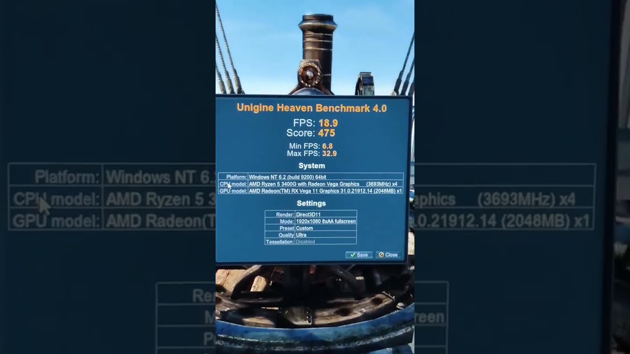 Ryzen 5 3400G Integrated Graphics in Unigine Heaven Benchmark (Vega 11)