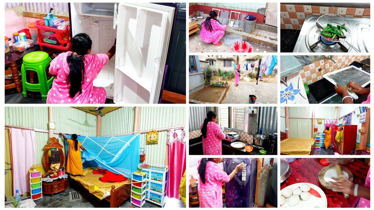 ভোর 4টায় ওঠে বাসিকাজ+টিফিন সেরে+রুটি, চিকেন ভর্তা+ফ্রিজ পরিষ্কার করে, bedroomঝাড়াঝুড়ি শুরু করলাম 