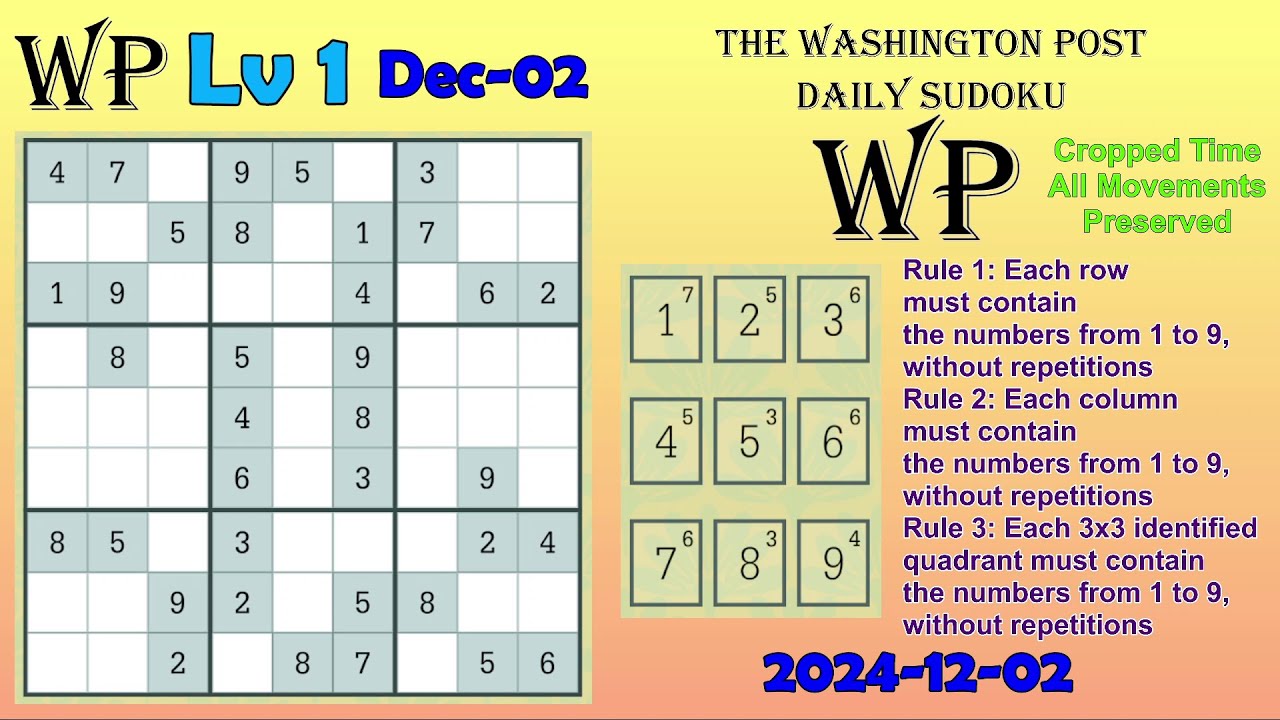 The Washington Post Daily Sudoku 2024-12-02 Level 1 - YouTube