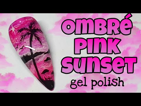 🌅 OMBRE SUNSET BEACH | PINK SKY | Gel polish nail art design | Clouds | Palm tree | Summer nails