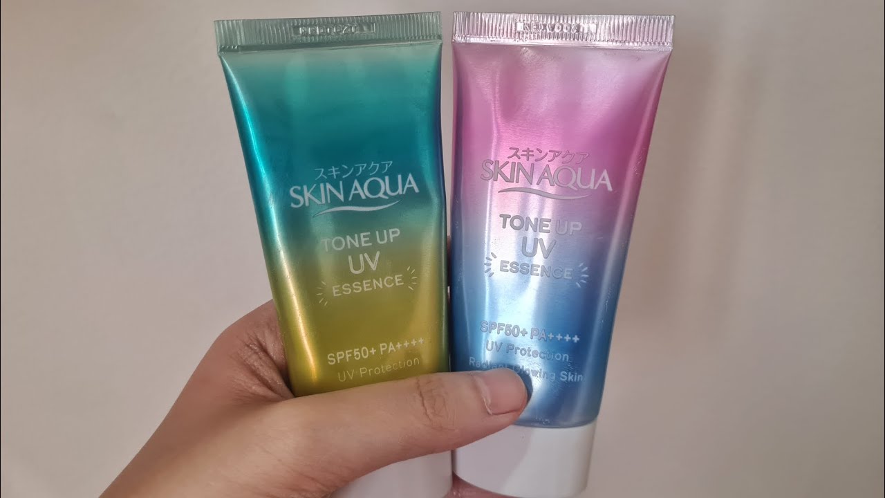 Swatching Skin Aqua UV Toneup Essence Lavender and Mint Green Together
