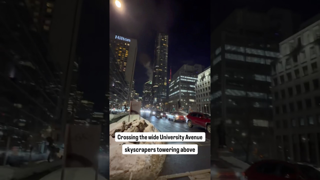 Walking across the wide University Avenue, skyscrapers towering above, To take the TTC subway home