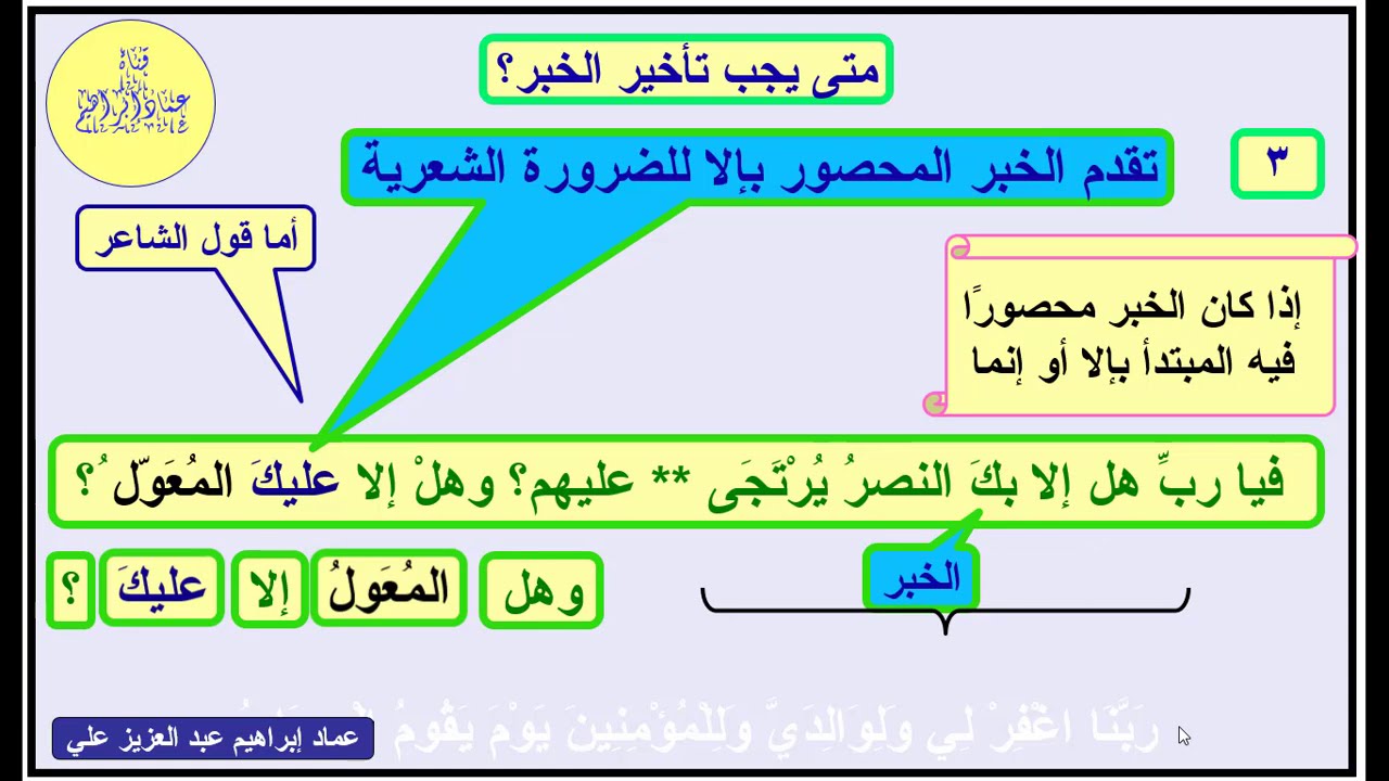 الإيجازُ المُسَهَّلُ في النَّحْوِ  - 44 - تأخير الخبر وجوبًا - عماد إبراهيم