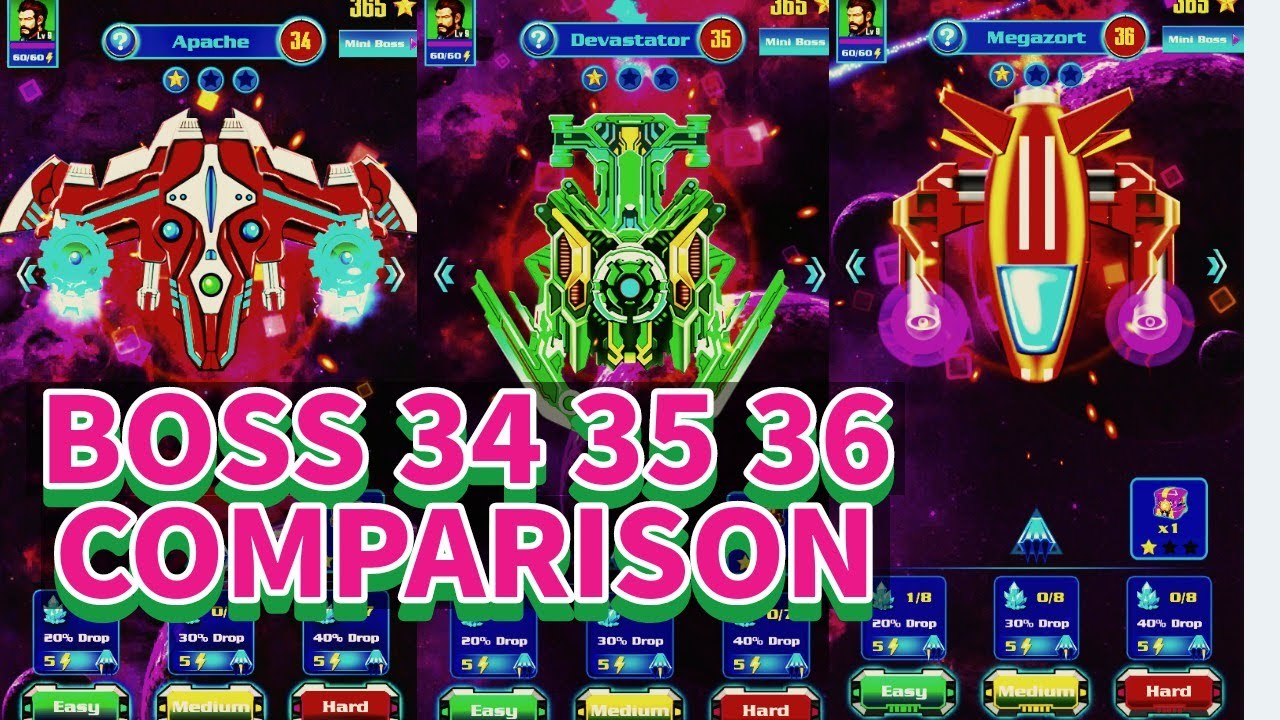 Galaxy Attack Shooting Game Comparison Of Boss 34 35 And 36 