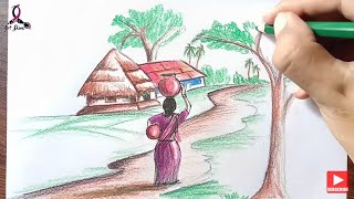 How to draw village scenery step by step very easy | Scenery drawing