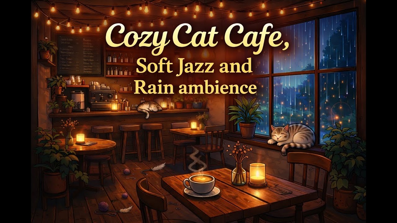 COZY Jazz CAT Coffee Shop Ambience 🎷☕| Rain, Coffee, Candles & Chill Music for Reading, Work & Sleep