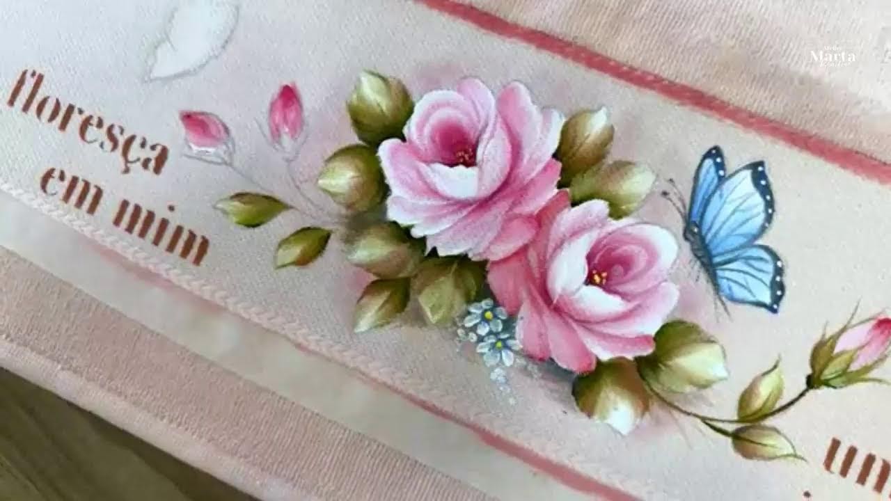 Como Pintar Toalha com Rosas e Borboletas delicadas -Café com arte 