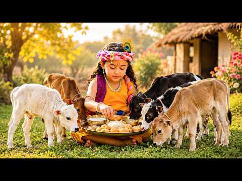 बाल गोपाल की अद्भुत लीला | गाय के बछड़ों संग भोजन का दिव्य दृश्य | YASHOMATI MAIYYA KE NANDLAL #ymkn